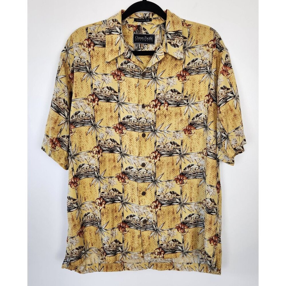 Ocean Pacific Men's 100% Silk Hawaiian Camp Cabana Shirt Med, Beach, Resort Wear